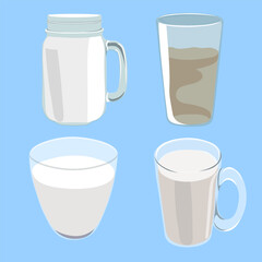 glass mugs and glasses with milk and vegetable milk in a semi realistic style. different types of milk in vector. a set of different vessels for drinks.