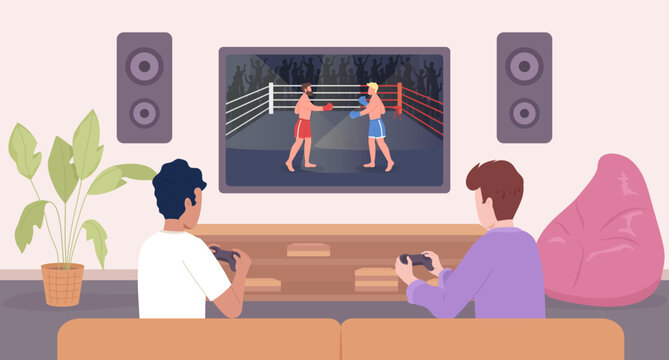 Console two-player fighting video game flat color vector illustration. Gamers boys playing together. Hero image. Fully editable 2D simple cartoon characters with living room, tv set on background
