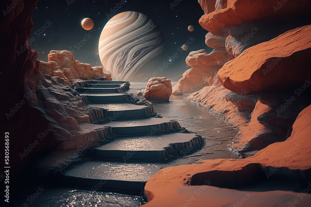 Poster Stone steps on an alien plane in space. Generative AI