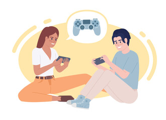 Gaming friends 2D vector isolated spot illustration. Gamers buddies chatting, playing flat characters on cartoon background. Players pals. Colorful editable scene for mobile, website, magazine