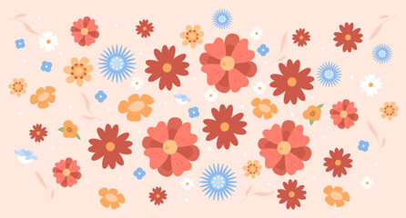 Spring rural floral arrangement flat color vector illustration. Wild flowers blossom. Springtime bloom. Pattern image. Fully editable 2D simple cartoon ornament with light orange background