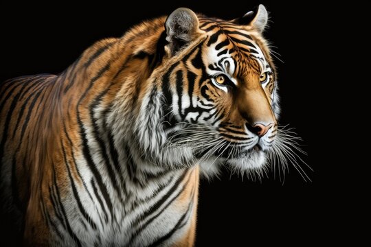 Siberian tiger. Elegant big cat. endangered predator. Stripes of white, black, and orange fur. Photo of a mammal. Generative AI