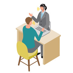 アイソメトリック_オンラインで女性オペレーターと対話しているイメージイラスト