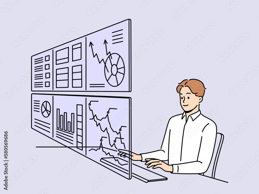 Poster man working on numerous computer monitors with financial graphs and diagrams. male employee busy wit