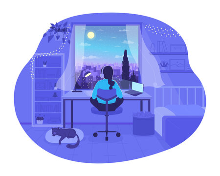 Lo-fi study flat concept vector illustration. Girl doing homework at night. Flash message with flat 2D character on cartoon isolated background. Colorful editable image for mobile, website UX design