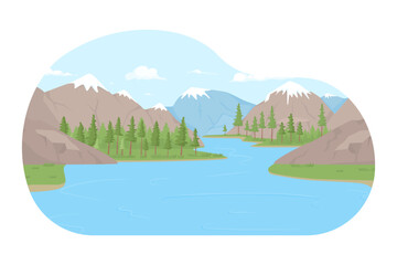 Mountain islands surrounded by water 2D vector isolated spot illustration. Uninhabited isles in ocean flat landscape on cartoon background. Colorful editable scene for mobile, website, magazine