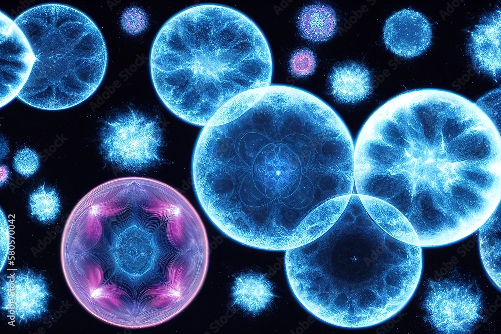 Aufkleber circles with a neon blue glow inside on a dark background. generative ai