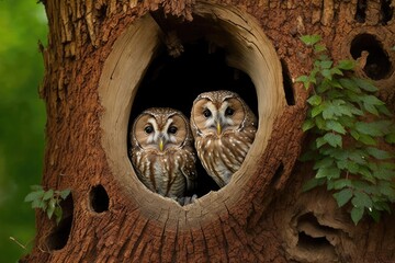 In the English countryside, a pair of tawny owls nest in a hollow tree trunk. Generative AI