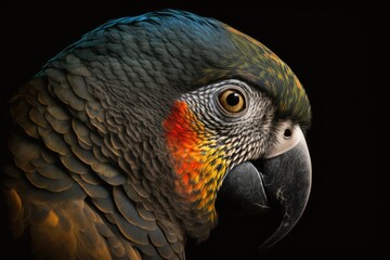 Close up of the head of a parrot on a black background. Generative AI