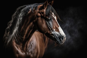 A picture of a horse set against a dark background. Generative AI