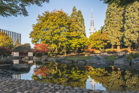 Germany, Hamburg, Japanese garden in Planten un Blomen park withHeinrich Hertz Tower visible in background