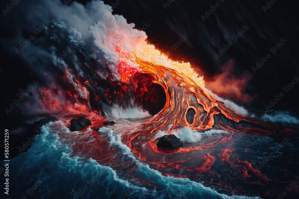 Aufkleber fiery lava flows mixed with sea water. generative ai