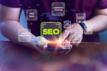 SEO Concept, Search Engine Optimization, Woman hand using laptop computer with VR screen seo icon, concept for promoting ranking traffic on website,