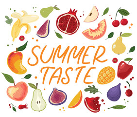Summer taste sign. Handwritten lettering quotes in organic, bio product frame, vegetables and fruits. Vector illustration isolated on white background. Print for a t-shirt vegetables 