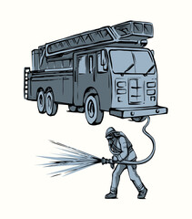 Vector drawing. Firefighter puts out the fire