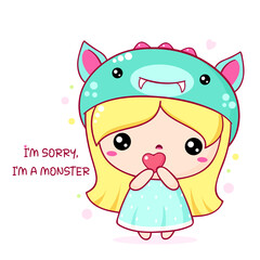 Apologize card with sad cute baby in monster costume. Inscription I'm sorry, I'm a monster. Cute little girl apologize