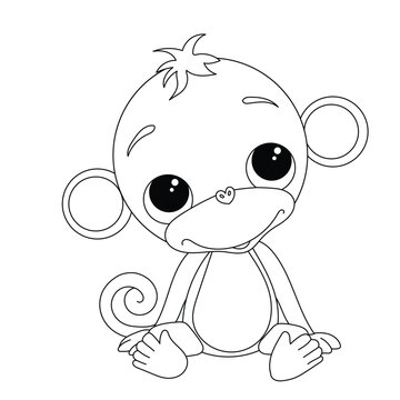 Monkey. Baby monkey. Cute drawings. Children's pictures. Sitting posture. Coloring lines.Wild animals, monkey cartoon