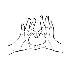 Female hands show heart shape gesture. Sketch style. Vector illustration.