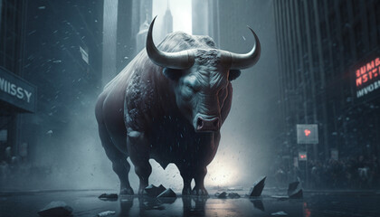 Tempestuous Crash: A Mystical Image of a Furious Bull during a Stock Market Crash
