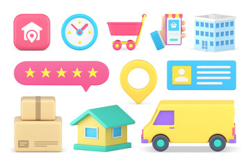 Fototapeta premium Online shopping courier delivery commercial business cargo shipping set 3d icon realistic vector