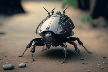 Naklejka premium A robotic beetle, a combination of a machine and an insect, a futuristic vision of the future, AI generated