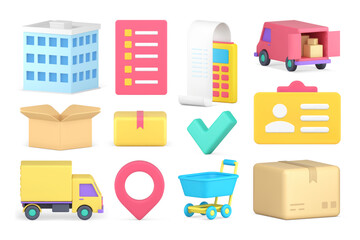 Cargo courier delivery postal service commercial payment purchase transportation set 3d icon vector