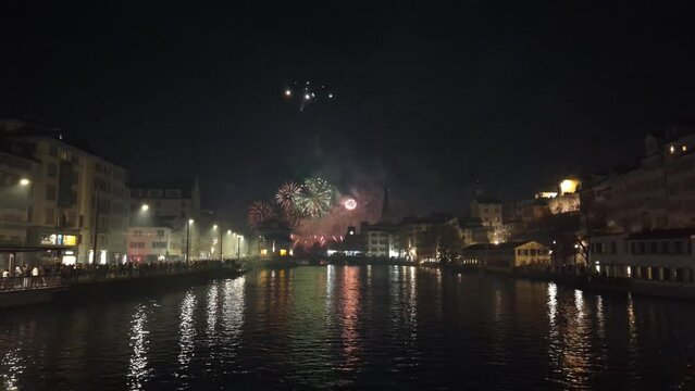Beautiful New Year eve fireworks in the sky of Zurich, Switzerland