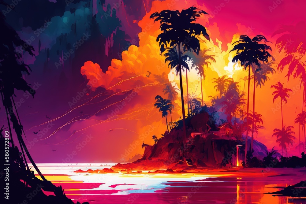 Poster rocky seashore with large palm trees under the evening sun and red sky. generative ai