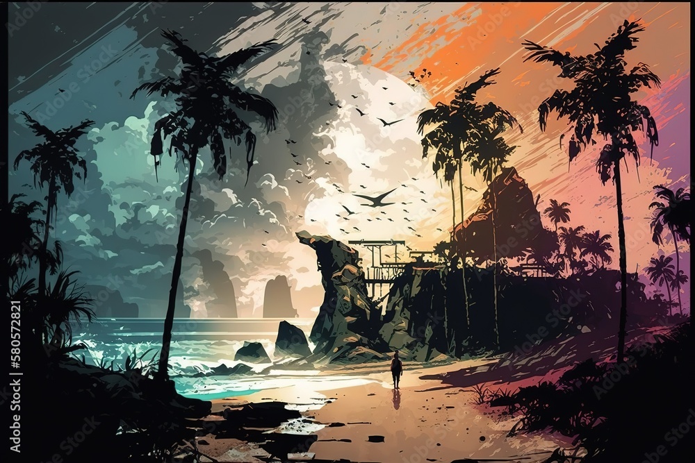 Poster sandy seashore with large palm trees under the evening sun and with huge storm waves. generative ai