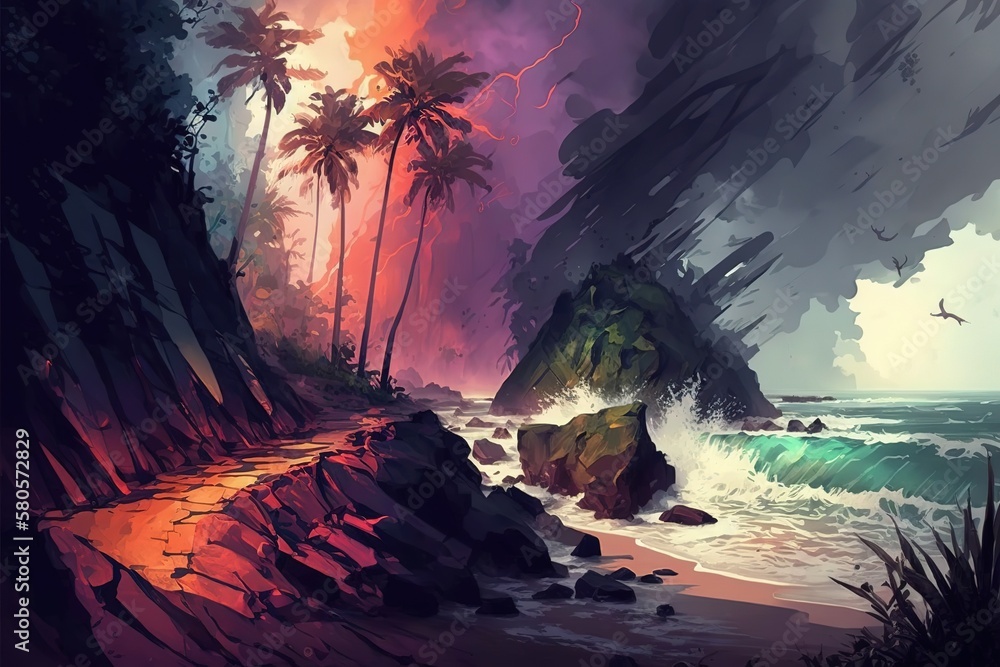 Poster sandy seashore with large palm trees under the evening sun and with huge storm waves. generative ai