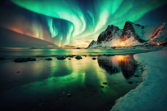 urora borealis. Lofoten islands, Norway. Aurora. Green northern lights. Starry sky with polar lights. Night winter landscape with aurora, sea with sky reflection and snowy mountains, generative AI