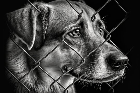 Behind the fence at an animal shelter is a picture of a sad and lonely stray dog. The best friend of a human is looking for a forever home. Animal rescue concept. Generative AI