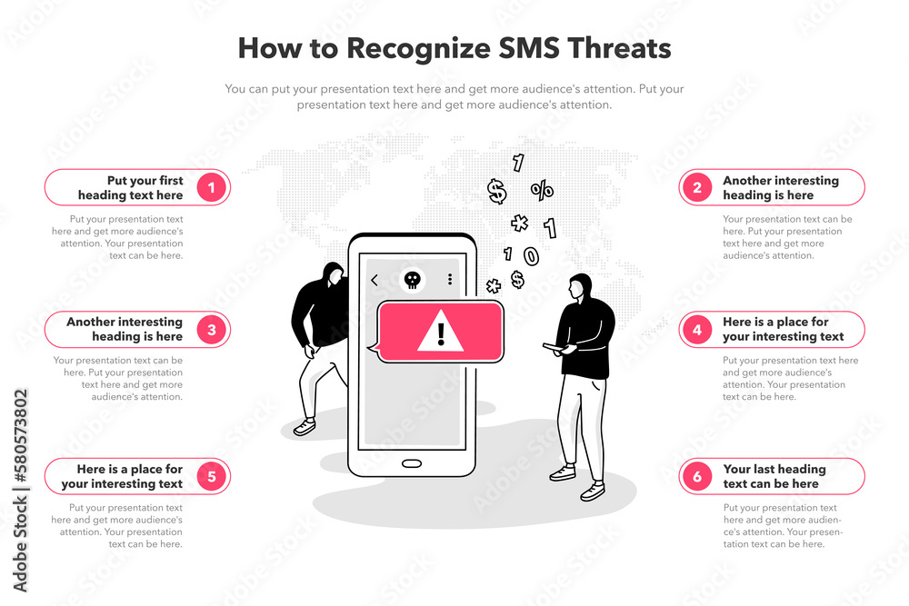 Poster Simple infographic template for how to recognize sms threats. 6 stages template with two hackers and an incoming SMS message.