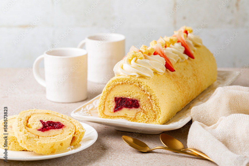 Poster swiss or jelly roll cake, cream roll, roulade or swiss log is a type of rolled sponge cake filled wi