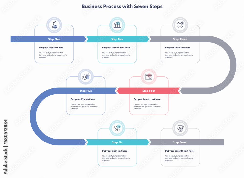 Poster Business process template with seven steps. Creative diagram divided into five steps with minimalistic icons.
