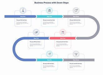 Business process template with seven steps. Creative diagram divided into five steps with minimalistic icons.