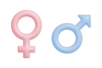 Male and Female Symbols Isolated on a White Background. Pastel Pink and Light Blue 3D rendered Gender Signs. Simple Vector Illustration with Heterosexual Couple Symbols. 