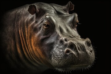 Close up picture of a hippos head on a black background. Generative AI