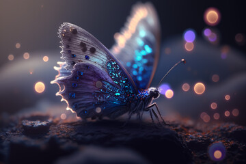 Beautiful glitter butterfly very close to the water surface. Generative AI