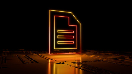 Orange and Yellow Word document Technology Concept with document symbol as a neon light. Vibrant colored icon, on a black background with high tech floor. 3D Render