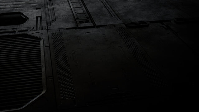 Black, Tech Background with Sci-Fi 3D Panels. Dark, Futuristic style. 3D Render.