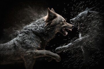 A black wolf fighting on a black background. Generative AI