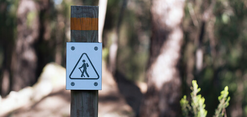 Sign of the tourist trail in the forest. Wooden sign shows tourists the directions of the trail. Marking the tourist route - Powered by Adobe