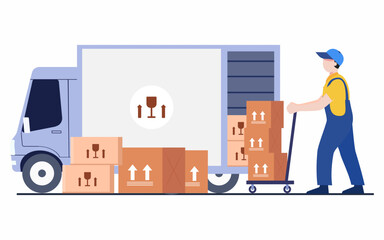 Warehouse workers inspect and deliver goods by truck.