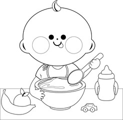 Baby eating cereal and fruit. Vector black and white coloring page