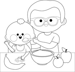 Father feeding his baby a bowl of cereal and fruit. Vector black and white coloring page