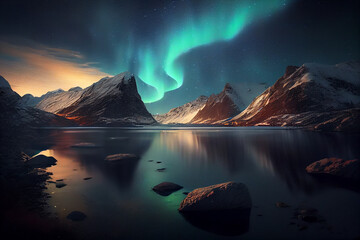 A stunning natural scene of the northern lights or aurora borealis over a Scandinavian fjord or mountain range. Generative AI technology. - obrazy, fototapety, plakaty