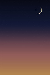 Obraz na płótnie Canvas Islamic card with Crescent moon on Blue,Yellowsky background,Vertical banner Ramadan Night with Dramtic Suset,twilight dusk sky for Islamic religion,Eid al Adha,Eid Mubarak,Eid al fitr,Ramadan Kareem