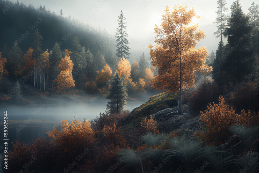 Poster A beautiful landscape shot of a Scandinavian forest in autumn, with colorful leaves and misty fog adding to the serene atmosphere. Generative AI technology.