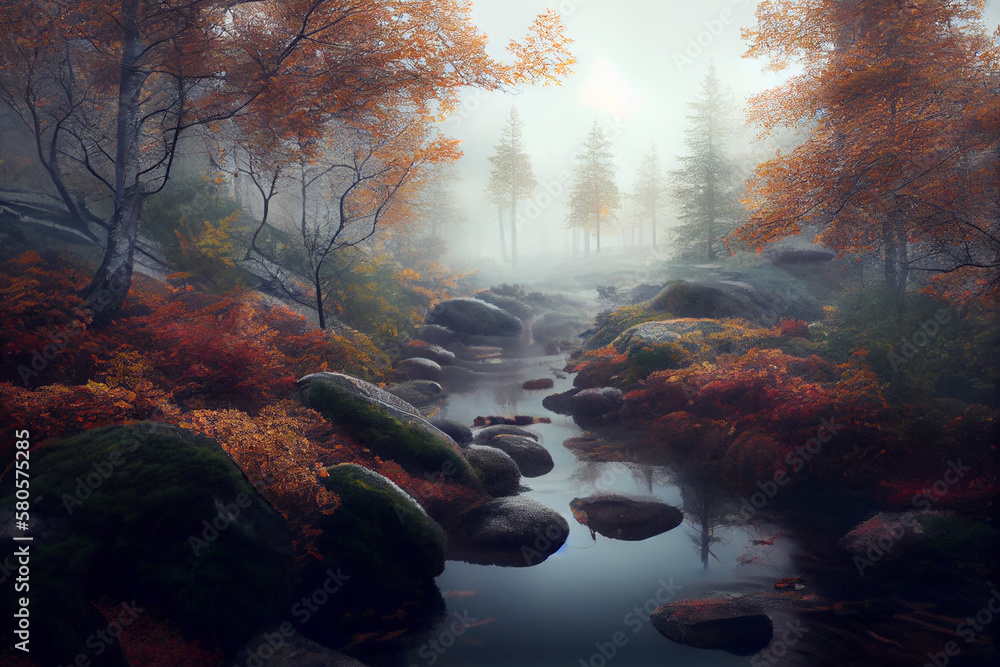 Poster A beautiful landscape shot of a Scandinavian forest in autumn, with colorful leaves and misty fog adding to the serene atmosphere. Generative AI technology.